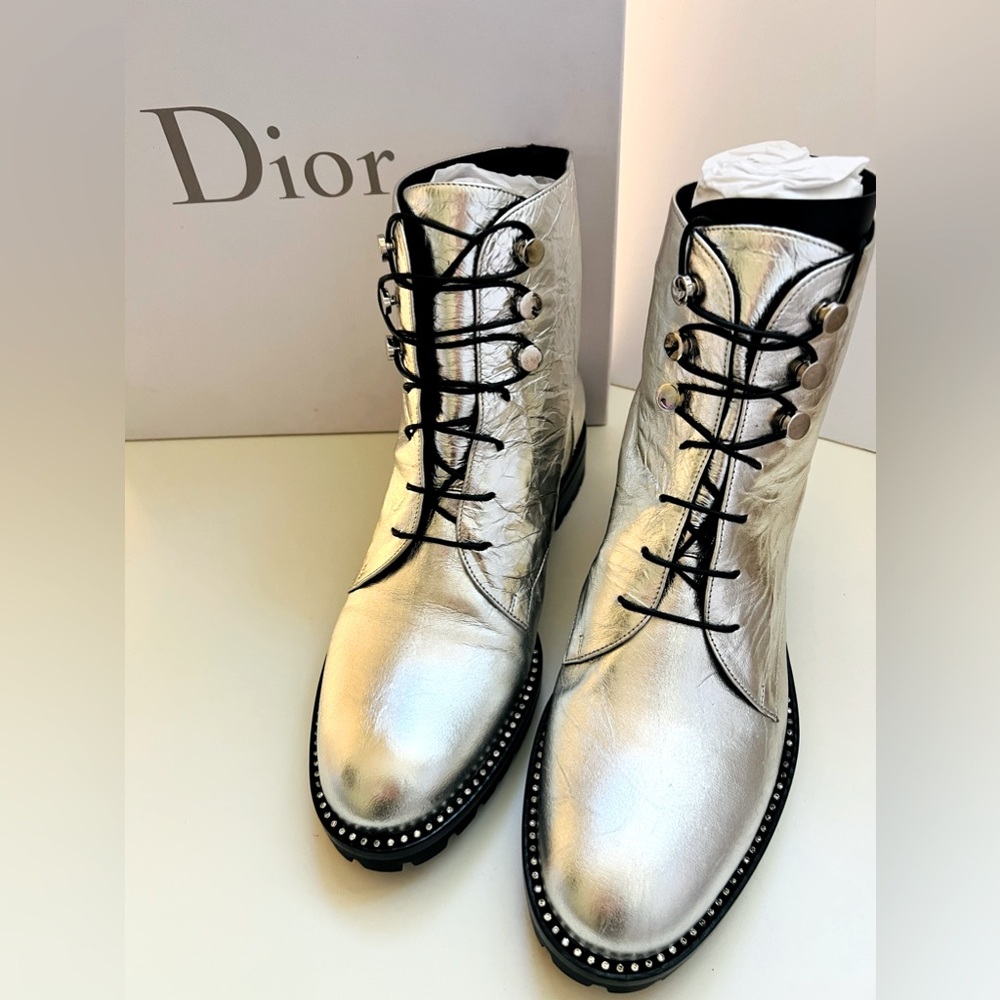 Dior Rebelle Argent Silver Crinkled Lambskin Boots